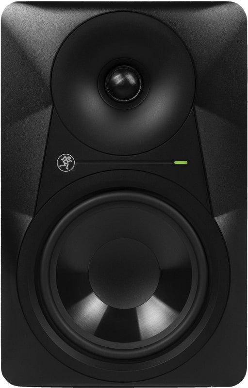 Front view of a black studio monitor speaker with two drivers and a small green indicator light.