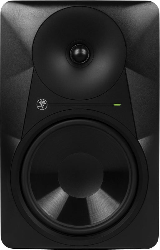 Black studio monitor speaker with large woofer and smaller tweeter on front panel with a small logo and green indicator light.