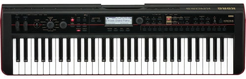 Black electronic keyboard synthesizer with 61 keys, buttons, knobs, and a central display screen.