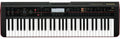Black electronic keyboard synthesizer with 61 keys, buttons, knobs, and a central display screen.