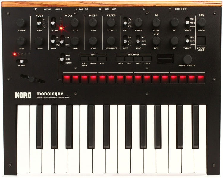 Top view of a Korg Monologue monophonic analog synthesizer with keys, knobs, and red LED step sequencer buttons.