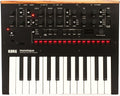 Top view of a Korg Monologue monophonic analog synthesizer with keys, knobs, and red LED step sequencer buttons.