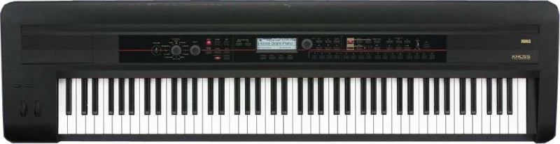 Black 88-key synthesizer keyboard with screen, knobs, sliders, and buttons on the control panel.