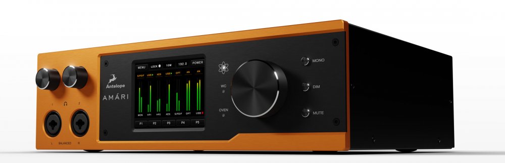 Front view of a black and orange audio device with a screen, knobs, buttons, and two combo input jacks.