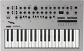 KORG minilogue synthesizer with keyboard, knobs, buttons, and display on gray surface.