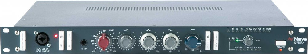 Front panel of a Neve 1073SPX audio preamp with multiple rotary knobs, combo input jack, and power switch.