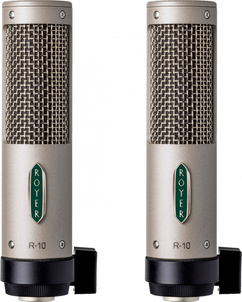 Pair of silver ROYER R-10 microphones with green logo and black bases shown side by side.