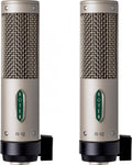 Pair of silver ROYER R-10 microphones with green logo and black bases shown side by side.