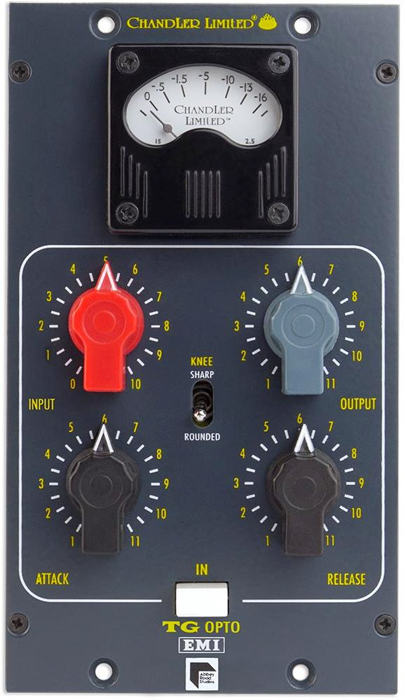 Front panel of a Chandler Limited audio device with meters, knobs, toggle switch, and a button.