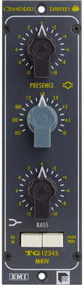 Front panel of audio equalizer module with presence and bass controls and two push buttons.