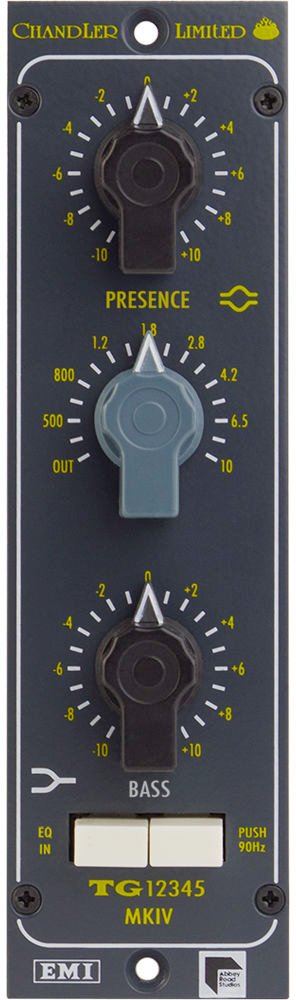Front panel of audio equalizer module with presence and bass controls and two push buttons.