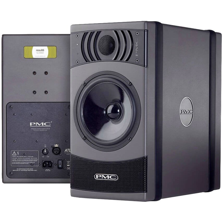 Black PMC result6 studio monitor speaker with visible front and rear sides showing drivers and input connectors.