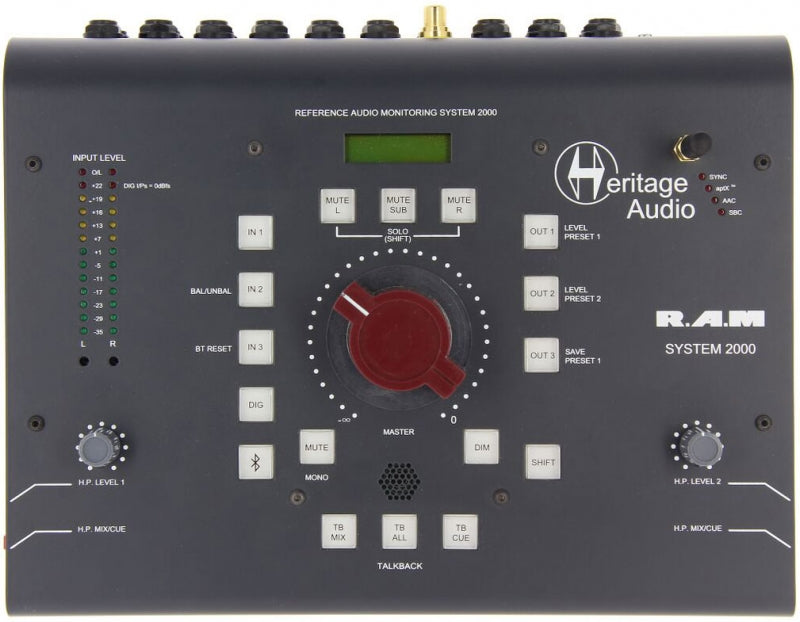 Black Heritage Audio Reference Audio Monitoring System 2000 monitor controller with buttons, knobs, and a large central red dial.
