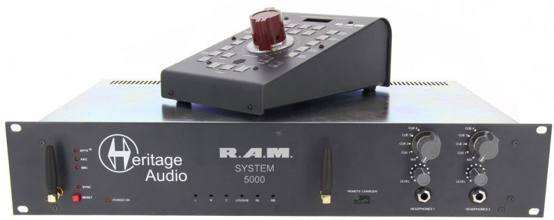 Black Heritage Audio R.A.M. System 5000 rack unit with angled control panel and multiple knobs, buttons, and headphone outputs