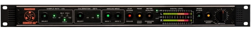 Front panel of a Dangerous Music Convert-AD+ audio converter with controls, meter, and status indicators.