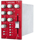 Red audio processor module with multiple knobs, slider control, and status LED indicators on front panel.