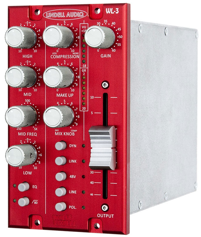 Red audio processor module with multiple knobs, slider control, and status LED indicators on front panel.