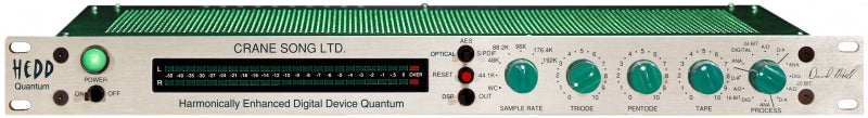 Front panel of a Crane Song HEDD Quantum audio device with knobs, buttons, power switch, and LED meter display.