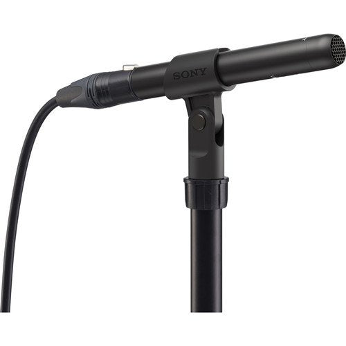 Black Sony microphone mounted on a stand with an XLR cable connected at the base.