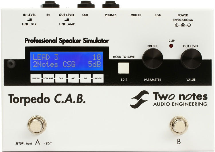 White audio device labeled Torpedo C.A.B. with digital screen, knobs, buttons, footswitches, and multiple input/output ports