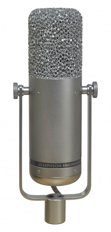 Silver cylindrical microphone with a mesh grille and two side adjustment knobs on a stand mount.