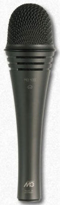 Black handheld microphone with a rounded mesh grille and model MD 100 printed on the body.
