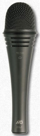 Black handheld microphone with a rounded mesh grille and model MD 100 printed on the body.