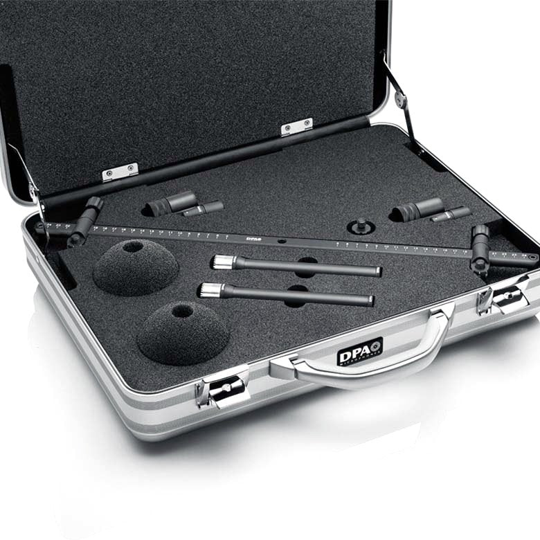 DPA 3532-SP stereo kit: two matched 4041-SP large-diaphragm omnidirectional condenser microphones with stainless-steel cylindrical bodies, shown with their stereo boom mounting hardware.