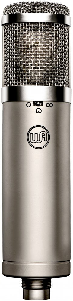 Silver microphone with metal mesh grille, rotary switch, and WA logo on the body.