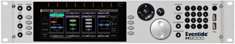 Front view of a rackmount digital audio processor with a large color display, buttons, a rotary knob, joystick control, and USB ports.