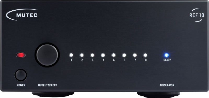 Black MUTEC REF 10 device front panel with power button, rotary output select knob, and multiple LED indicators.