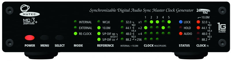 Front panel of a black digital audio sync master clock generator with multiple status LEDs and control buttons.