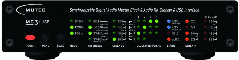 Front panel of a black MUTEC MC-3+ USB digital audio master clock with control buttons and LED status indicators.