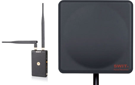 A black SWIT panel receiver with two antennas and a gold knob on the side.