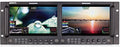 Black dual screen studio monitor unit with multiple rotary knobs and buttons below each screen