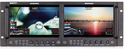 Black dual screen studio monitor unit with multiple rotary knobs and buttons below each screen