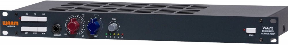 Black 1U rackmount microphone preamp unit with knobs, buttons, and a 1/4 inch input jack.