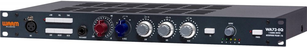 Black 1U rackmount audio unit with combo input, multiple control knobs, switches, and level indicators.
