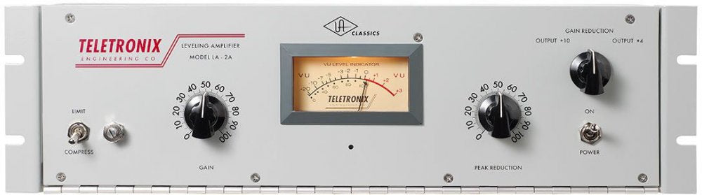 Front panel of a Teletronix Leveling Amplifier Model LA-2A with knobs, switches, and a VU level meter.
