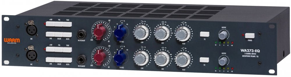 Front panel of a Warm Audio WA273-EQ audio unit with multiple knobs, buttons, and XLR and 1/4 inch connectors.