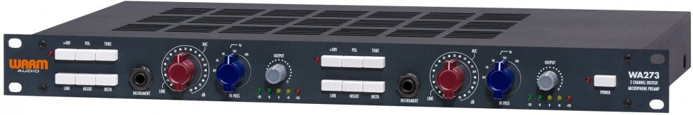 Front panel of a WARM AUDIO WA273 two-channel microphone preamp with knobs, buttons, and input jacks.