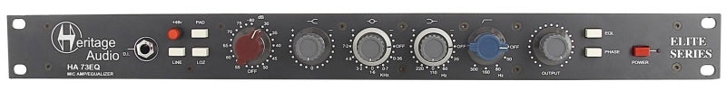 Front panel of a Heritage Audio HA 73EQ Elite Series audio preamp and equalizer with multiple knobs, buttons, and an input jack.
