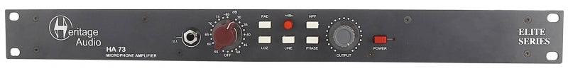 Front panel of a Heritage Audio HA 73 Elite Series microphone amplifier with controls and 1/4 inch jack.