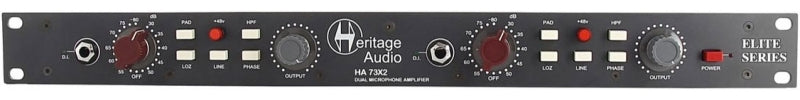 Front panel of a Heritage Audio HA73X2 dual channel microphone preamplifier with knobs, switches, and jacks.