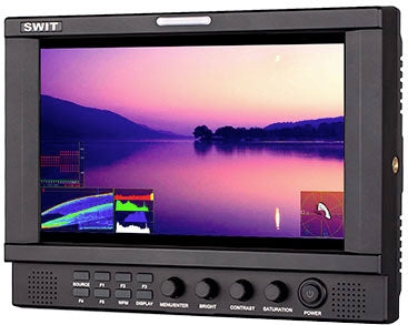 Black SWIT monitor displaying a serene landscape with buttons and knobs on the front panel.