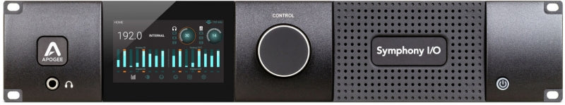 Front view of a black audio converter unit with display, control knob, headphone jack, and Symphony I/O branding.