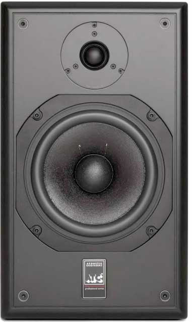 Front view of a black ATC professional series loudspeaker with two speaker drivers.
