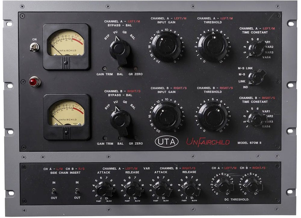 Front panel of a UnFairchild Model 670M II audio processor with knobs, meters, toggle switches, and labeled controls.