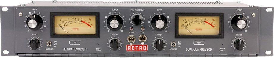 Front panel of a Retro Revolver dual compressor with dual analog VU meters and multiple knobs and switches.