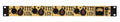 Front panel of a rackmount audio device with four mic gain sections and a VU meter on the right end.
